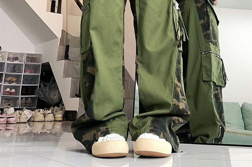 Vhancy - Hoge taille camouflage patchwork cargo broek met wijde pijpen