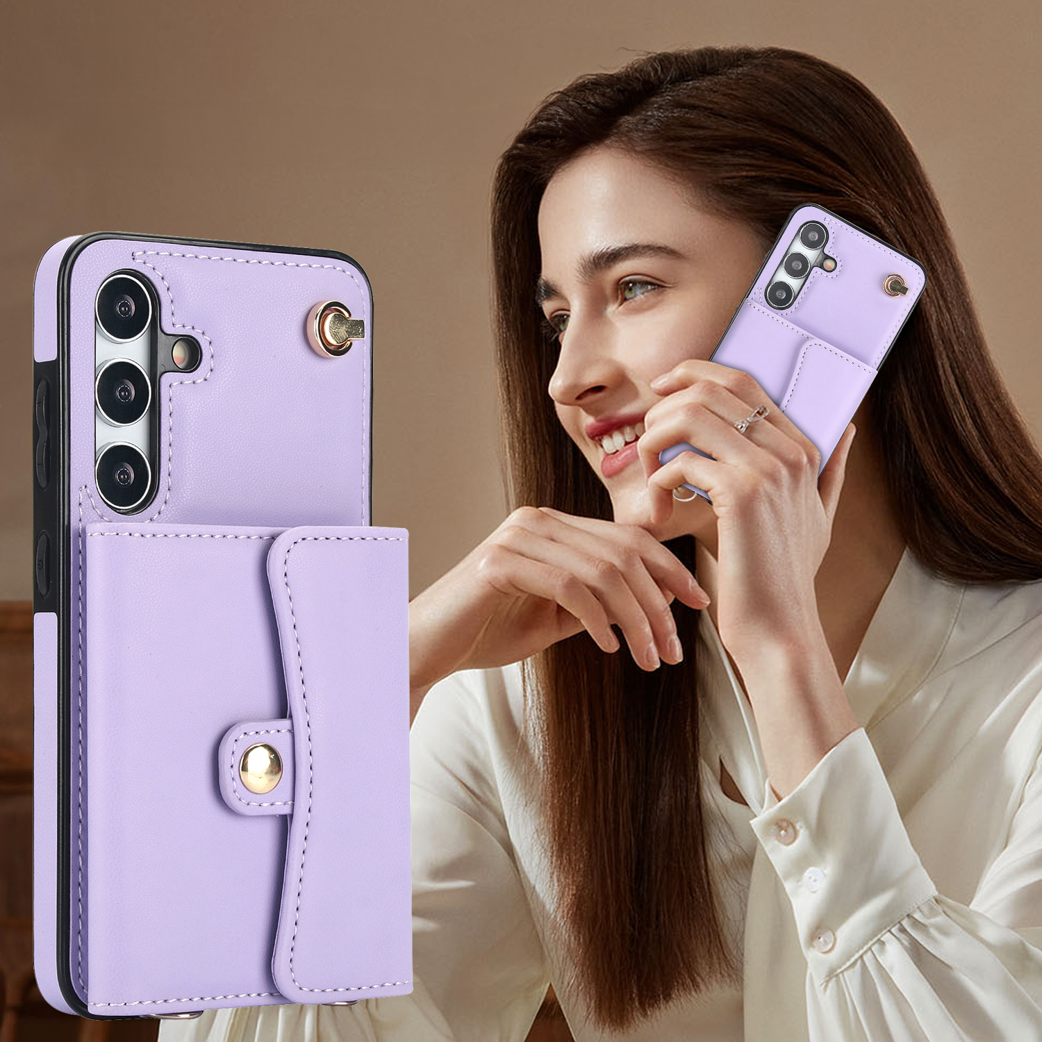 Samsung Galaxy S24  Plus Necklace Leder Schutz Hülle mit Kartenfach   Handykette (140cm) - Lila