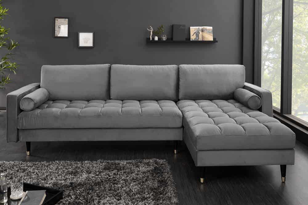 Elegantes Ecksofa COZY VELVET 260cm grau Samt Federkern 3-Sitzer