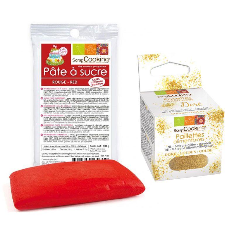 Pâte à sucre rouge 100 g + paillettes dorées Scrapcooking