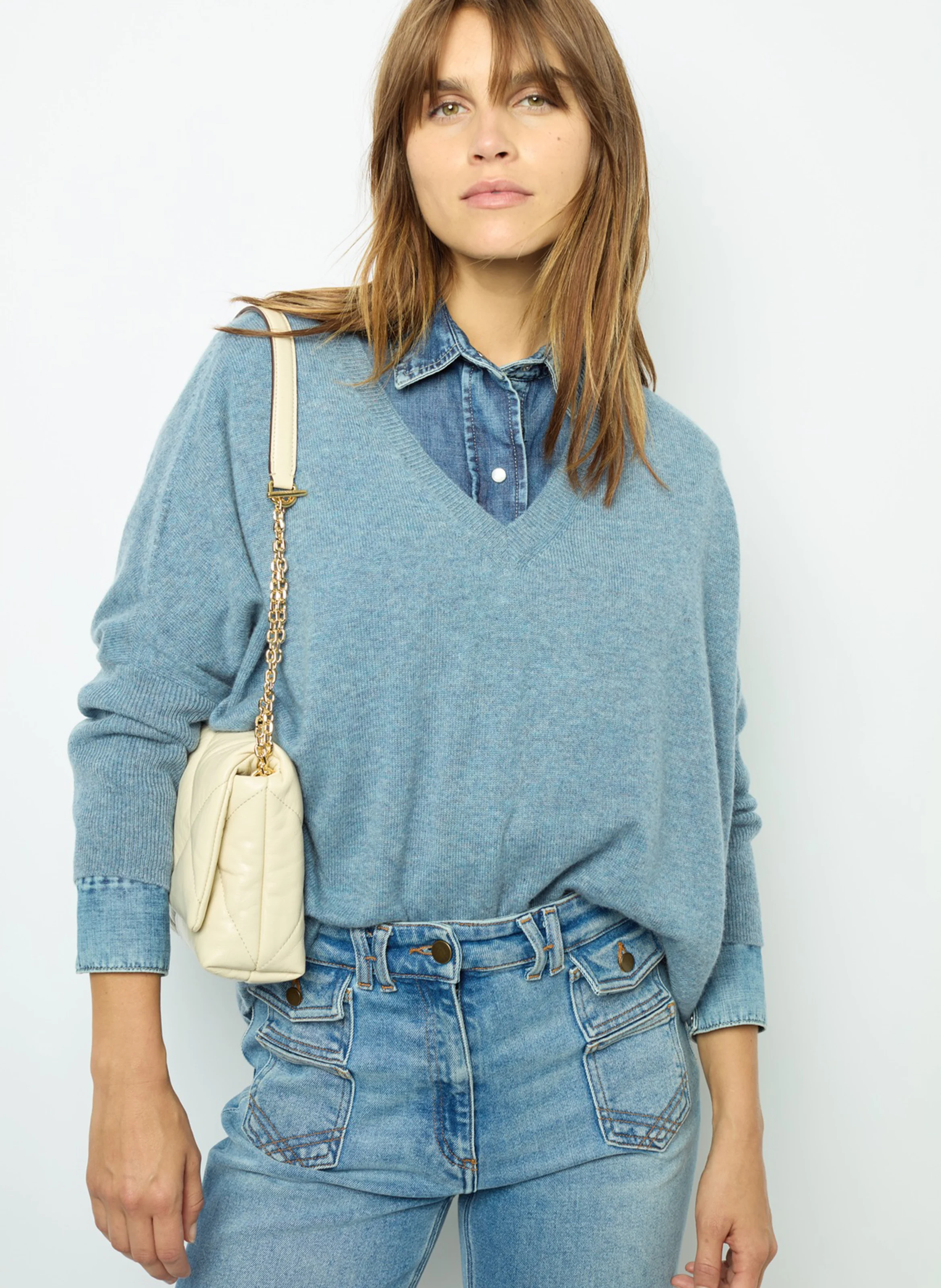 JOURDAN - Pull droit col V en cachemire | Bleu