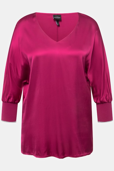 Bluse, Satin, V-Ausschnitt, 3/4-Fledermausärmel