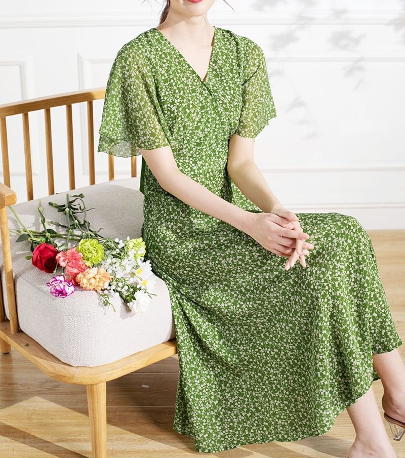 ISSOL - Midi-A-lijnjurk met korte mouwen, V-hals, bloemenprint en strikbandjes op de rug