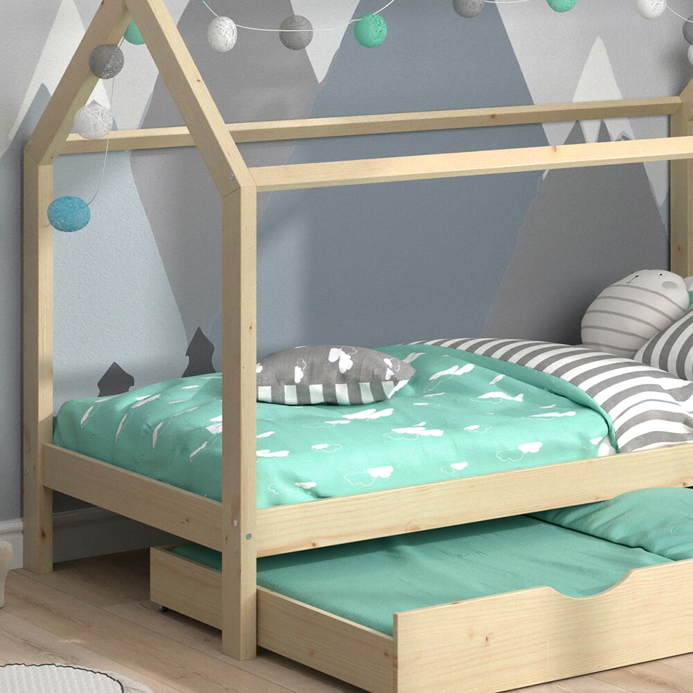 VitaliSpa Kinderbett Hausbett Gästebett Wiki Natur 90x200cm Schublade Lattenrost