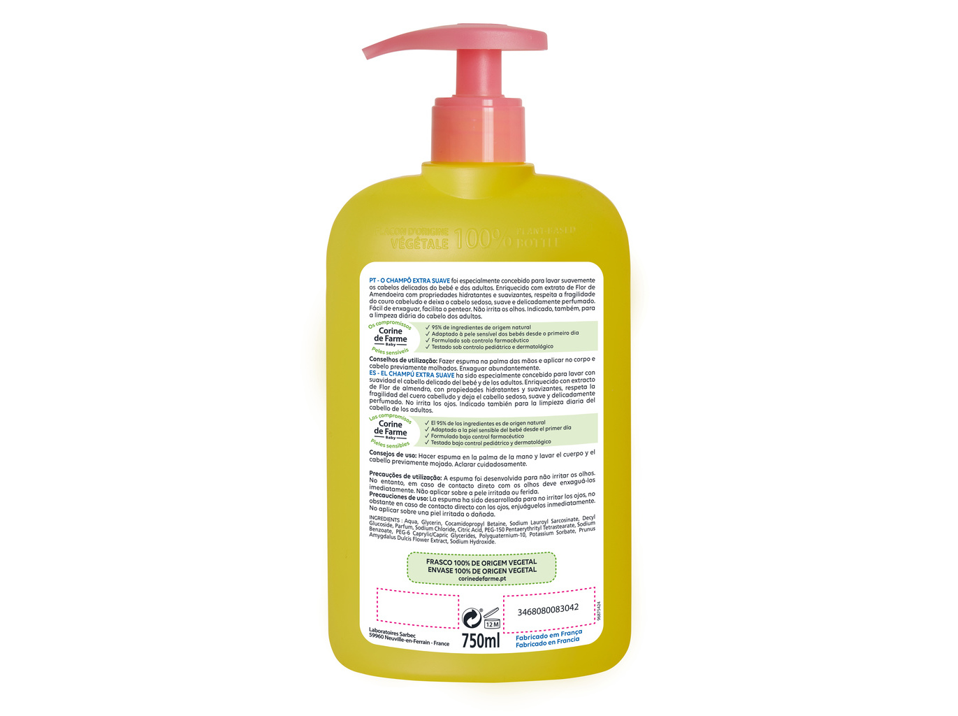 CHAMPO BEBÉ CORINE DE FARME EXTRA SUAVE 500 ML 250ML GRÁTIS