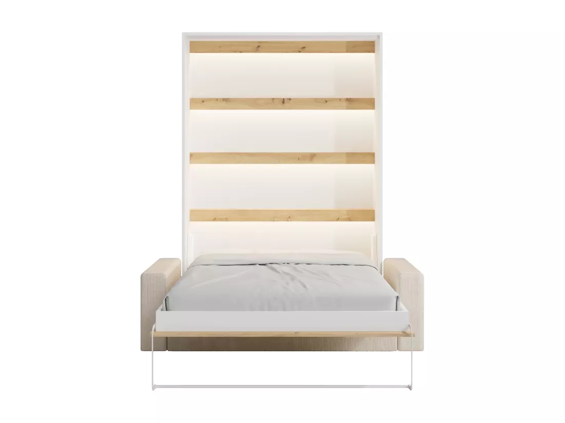 Lit escamotable 140 x 200 cm - Ouverture verticale manuelle - Avec LEDs - Blanc et naturel + Matelas + Canapé - RAPILI