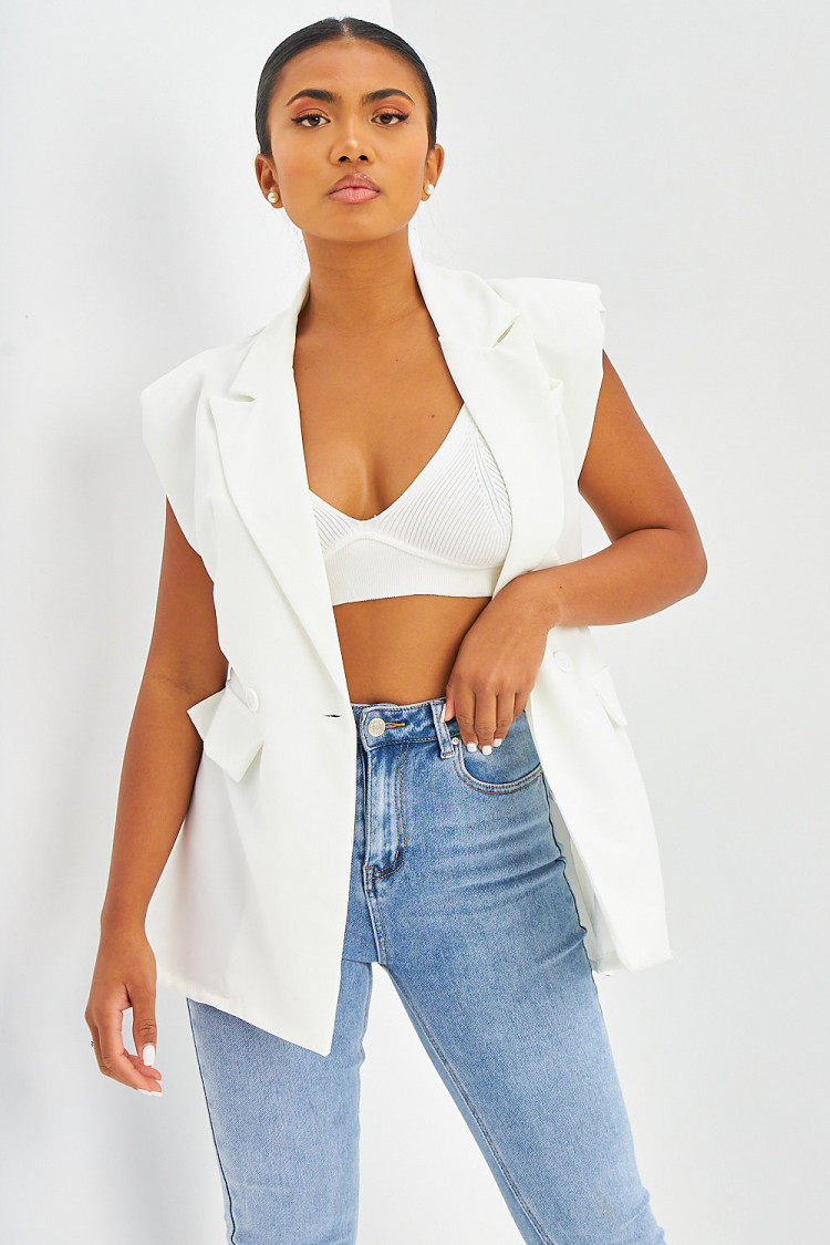 Blazer long à épaulettes sans manches blanc