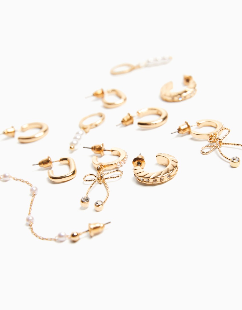 Conjunto de 6 brincos de argola com laço e pérolas artificiais