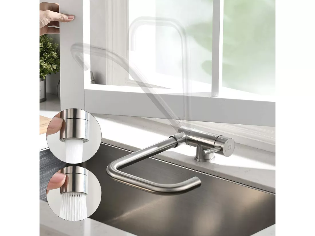 2PCS Cecipa max Robinet de Cuisine Rabattable 2 Jets aux Choix, Mitigeur Evier Repliable Inox devant Fenêtre, Robinet Évier Pivotant à 360º,EU Modèle