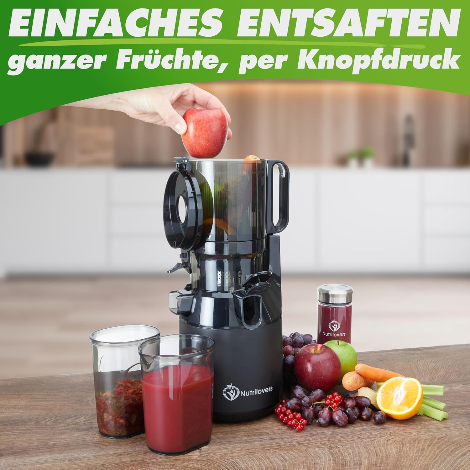 Nutrilovers Entsafter Slow Juicer NUTRI-PRESS MAX Ganze Früchte entsaften mit XXL 135 mm Öffnung, BPA-frei inkl. Saft-Flasche, Slow Juice Rezeptbuch