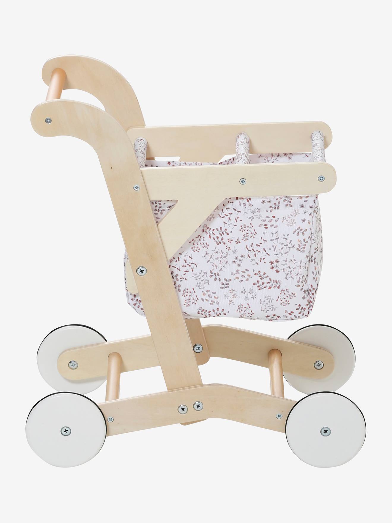 Carrinho de compras em tecido liso bege médio e madeira com certificação FSC® com motivos decorativos.