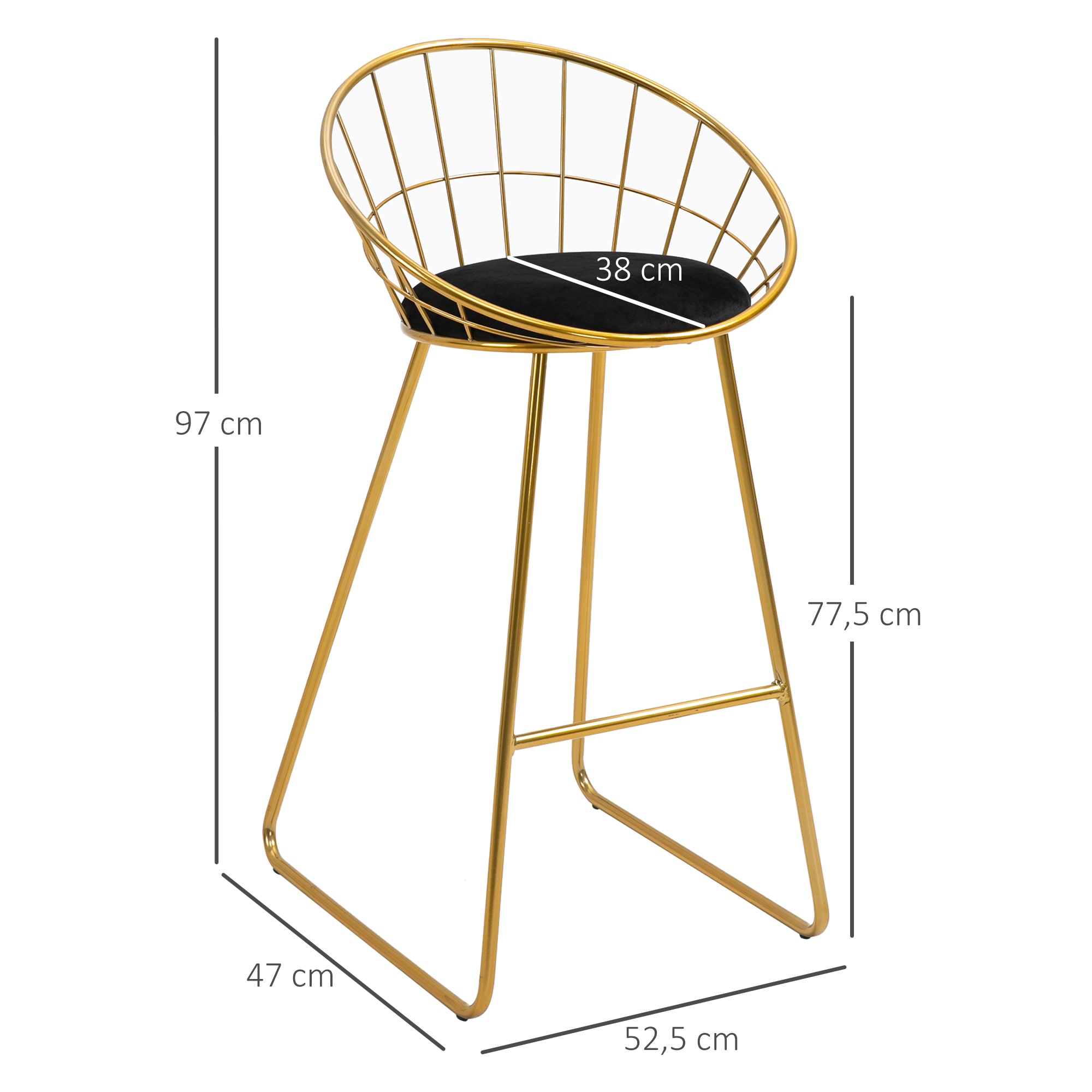 HOMCOM Barstühle im 2er Set schwarz 52,5 x 47 x 97 cm (BxTxH)