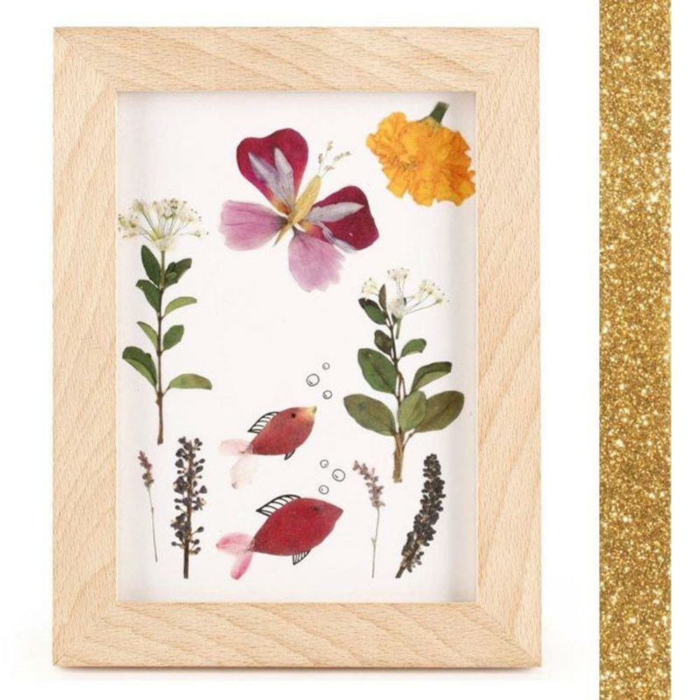 Cadre en bois pour herbier 13 x 17 cm + masking tape doré à paillettes 5 m