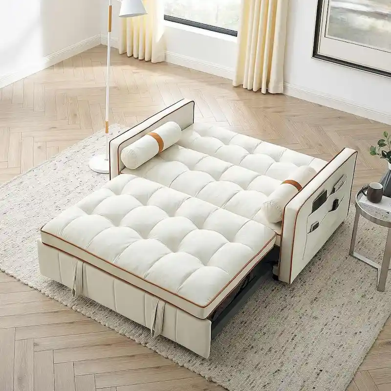 Velvet Multi-Functional Pull-Out Sofa Bed Adjustable Reclining Backrest With Pillows - N/A