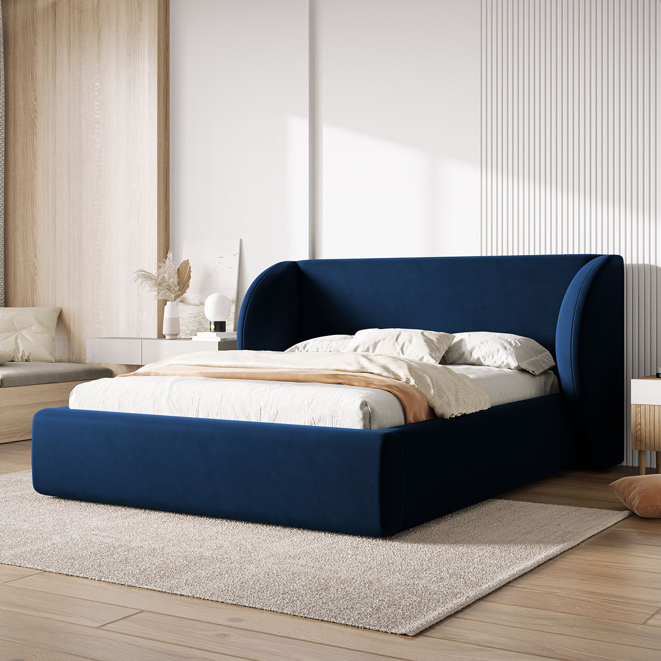 Micadoni Lit Coffre en Velours avec Tête de Lit Miley bleu roi - 230x227x100 cm