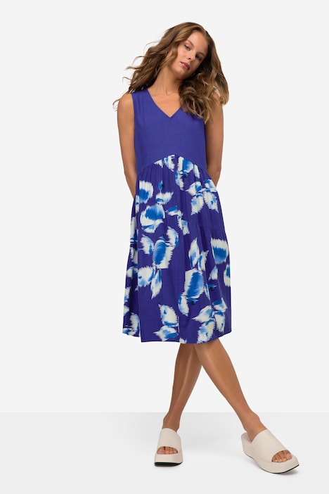 Leinenmix-Kleid, V-Ausschnitt, Rock mit Print, ärmellos
