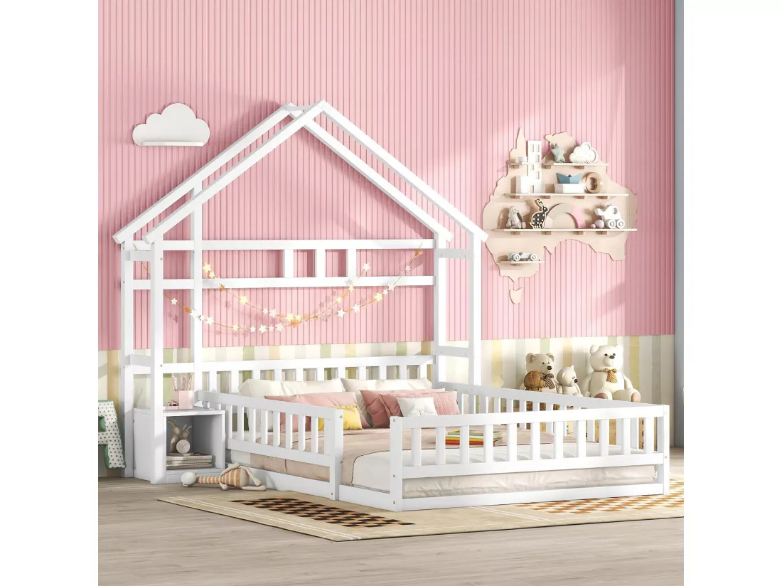 Lit d'enfant, 140 x 200 cm, lit plat, lit familial avec garde-corps, lit d'enfant avec tête de lit, blanc