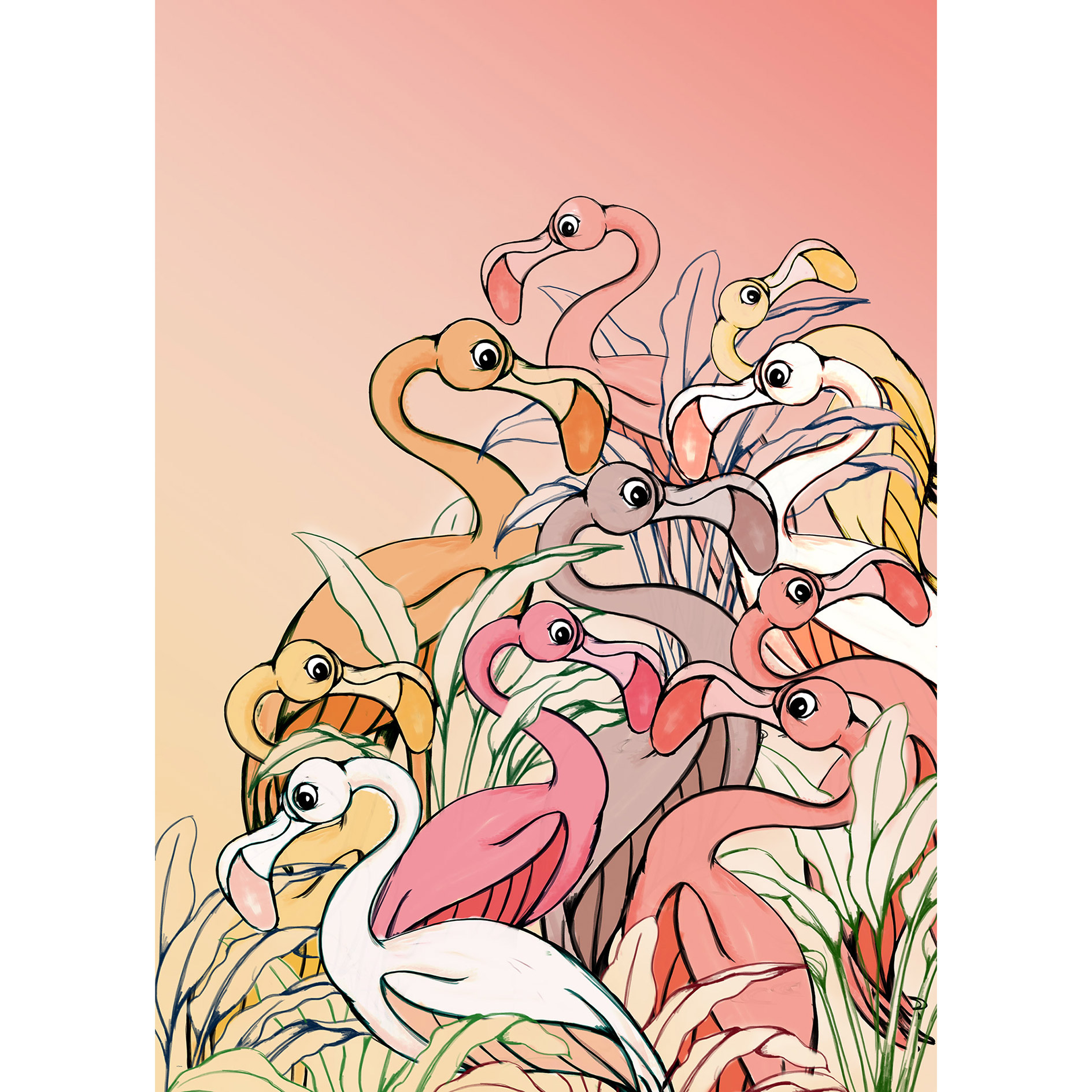 Vlies-Fototapete FLAMINGOS AND LILLYS - rosa-gelb - 200x280 cm