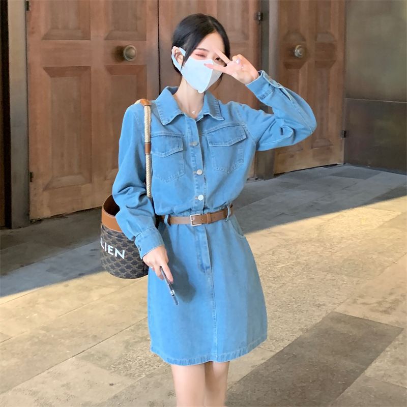 Sienne - Henley denim mini-overhemdjurk met lange mouwen