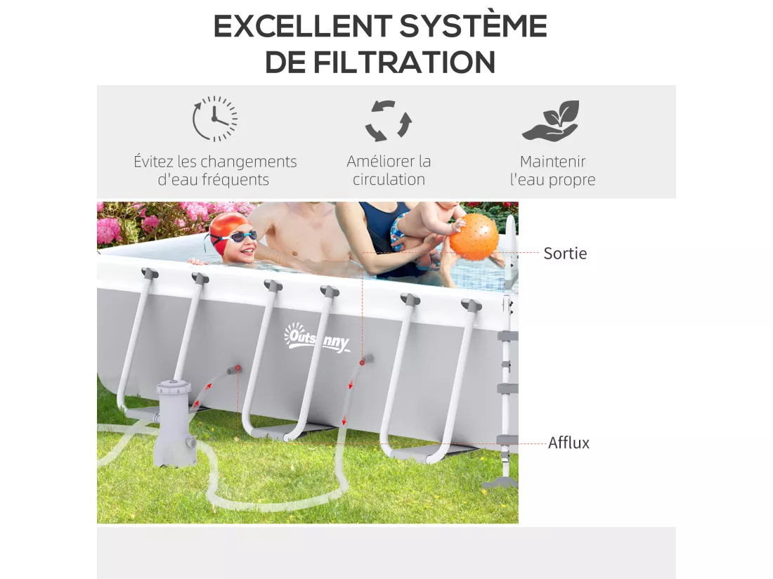 Piscine tubulaire hors sol 5 personnes avec accessoires dim. 425L x 230l x 101H cm acier PVC gris bleu
