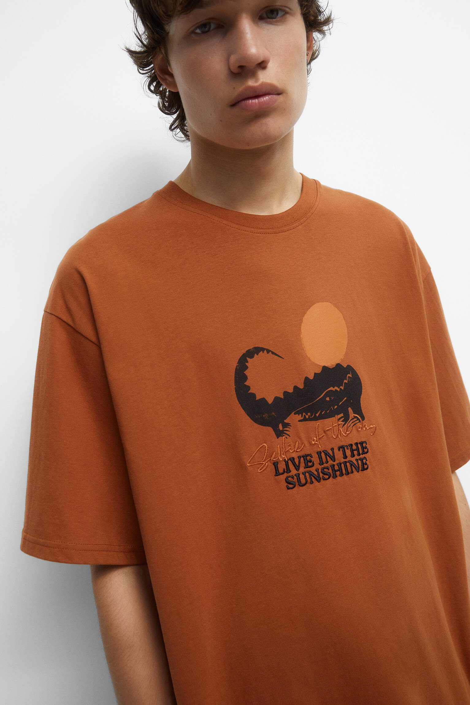 CAMISETA DE MANGA CURTA BORDADA - OCRE