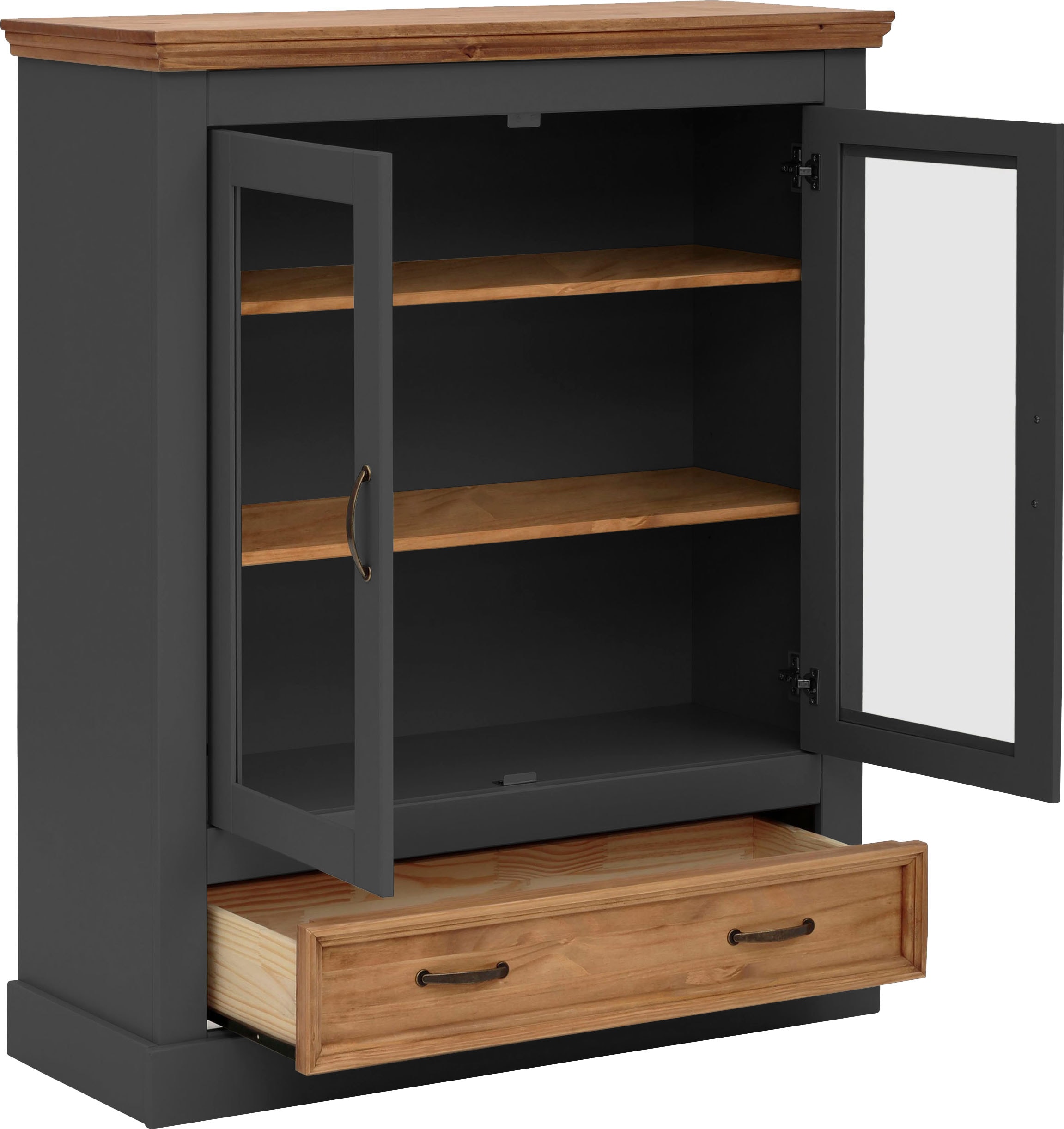Home affaire Vitrine »Selma Highboard« aus massivem Kiefernholz, mit Griffen aus antikisiertem Metall