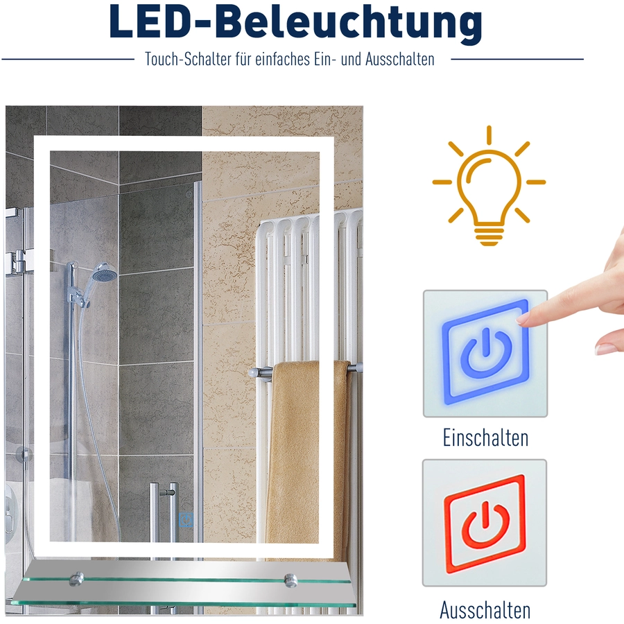 kleankin LED Badezimmerspiegel mit Glas-Ablage silber