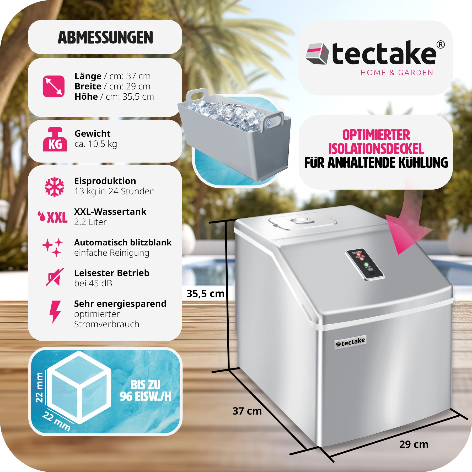 tectake® Eiswürfelmaschine, für klare Eiswürfel, 2,2 l Wassertank, 13 kg in 24 h, inklusive Eiskorb und Eisschaufel