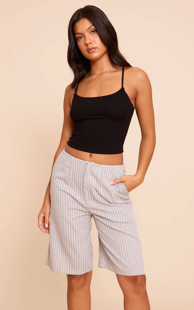 Bleu Short Long Rayé À Fines Rayures Léger