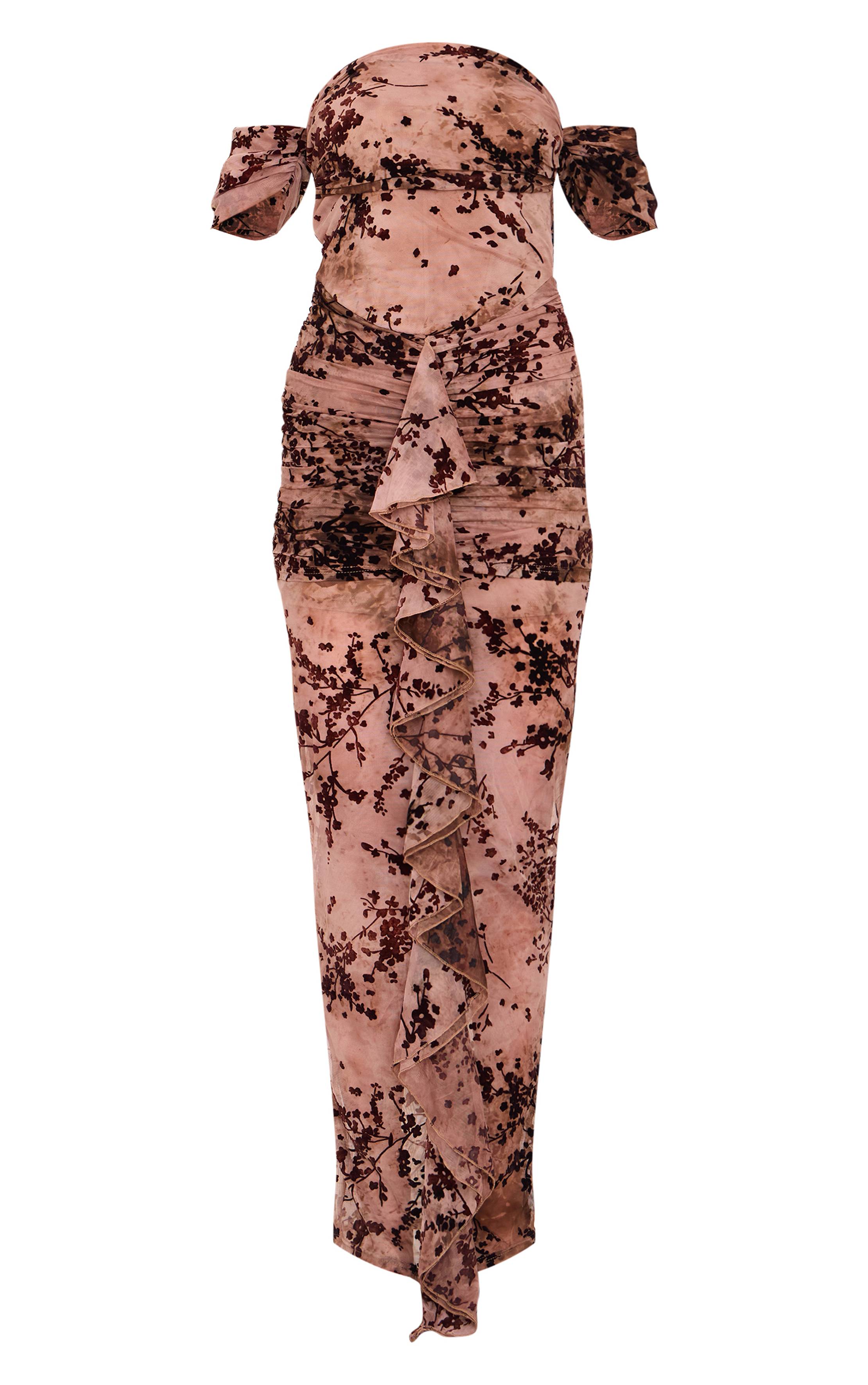Marron Robe Longue À Volants Froncés Corset Bardot Dévoré Fleuri