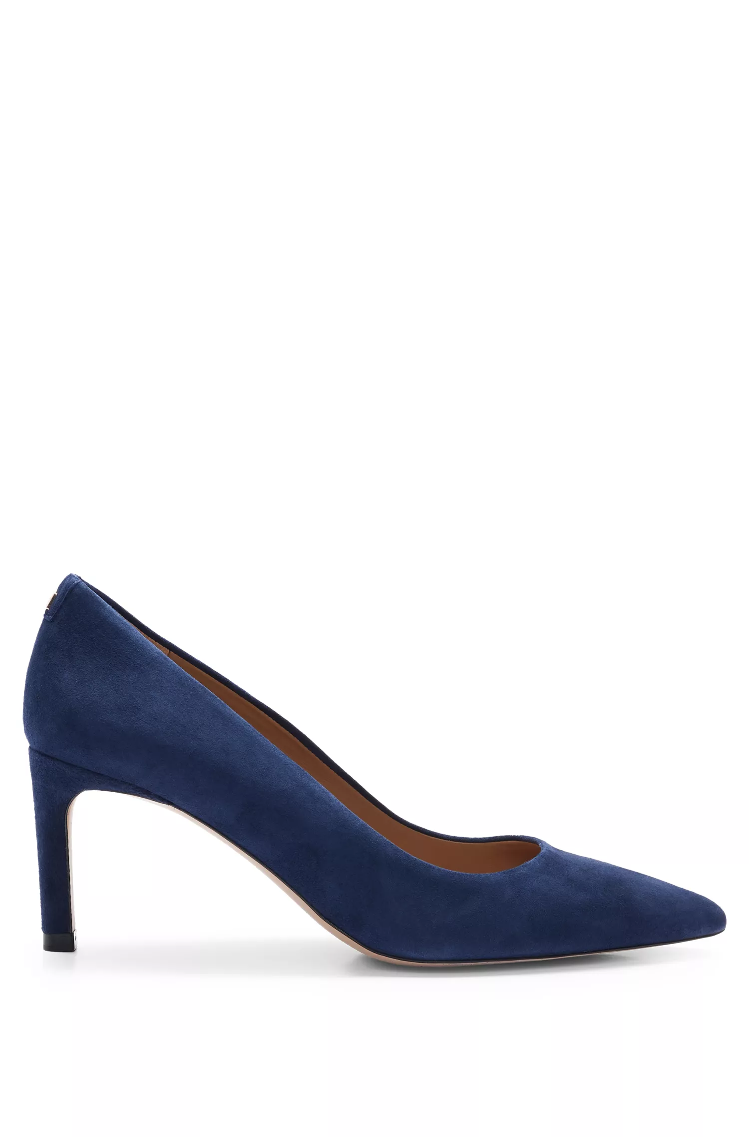 Sapatos de salto alto BOSS em camurça preta, bico fino e salto de 7 cm.