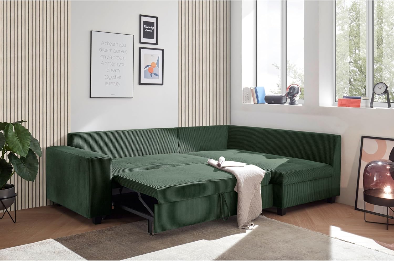 Ecksofa L-Form aus Cordstoff mit Schlaffunktion, grün (Wintermoss) – Liegefläche 147 × 207 cm, Breite 243 cm, Sitzhöhe 45 cm, Modell MIRA