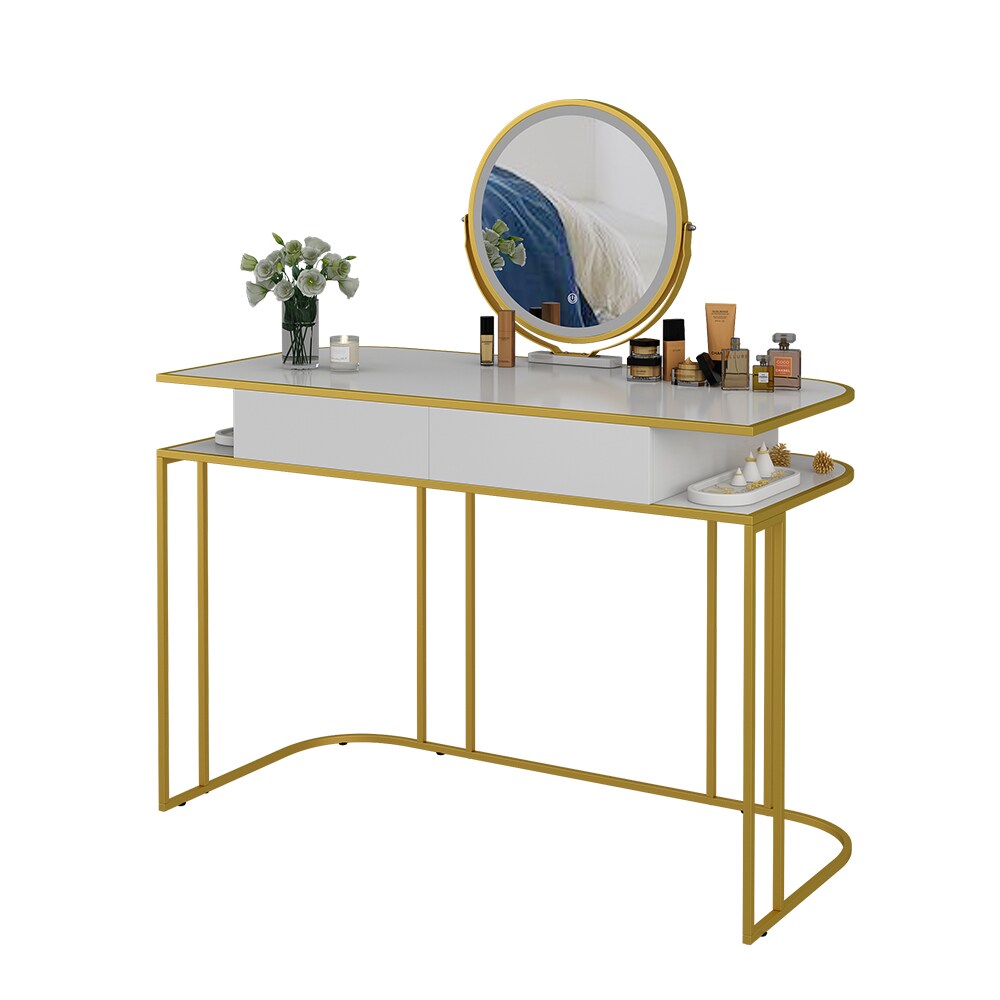 Vicco Schminktisch Tiara, 110 x 122 cm, Weiß Gold, Frisiertisch mit LED-Spiegel