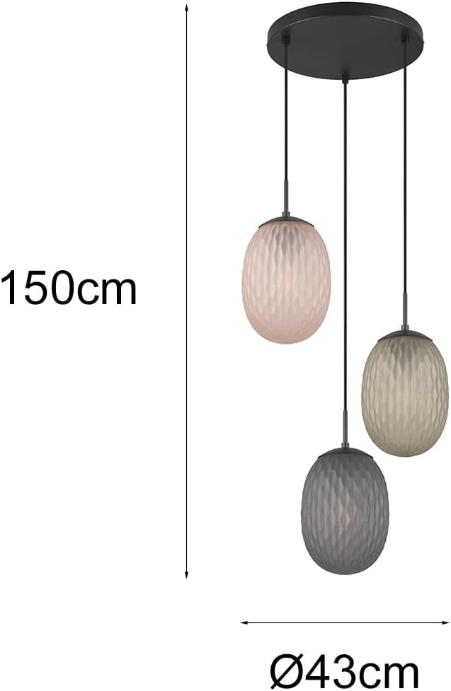 meineWunschleuchte Cluster Pendelleuchte 3-flammig mit farbigen Glasschirmen oval Ø 43cm