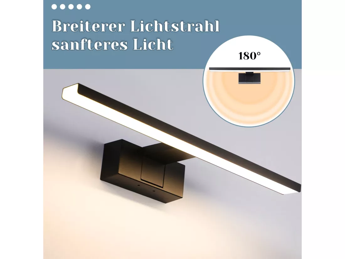 NETTLIFE Applique LED salle de bain，lampe miroir LED,IP44 lampe armoire, Moderne, lumière blanche neutre 4000k MAX.12W, 60×5.1×12.8cm, noire