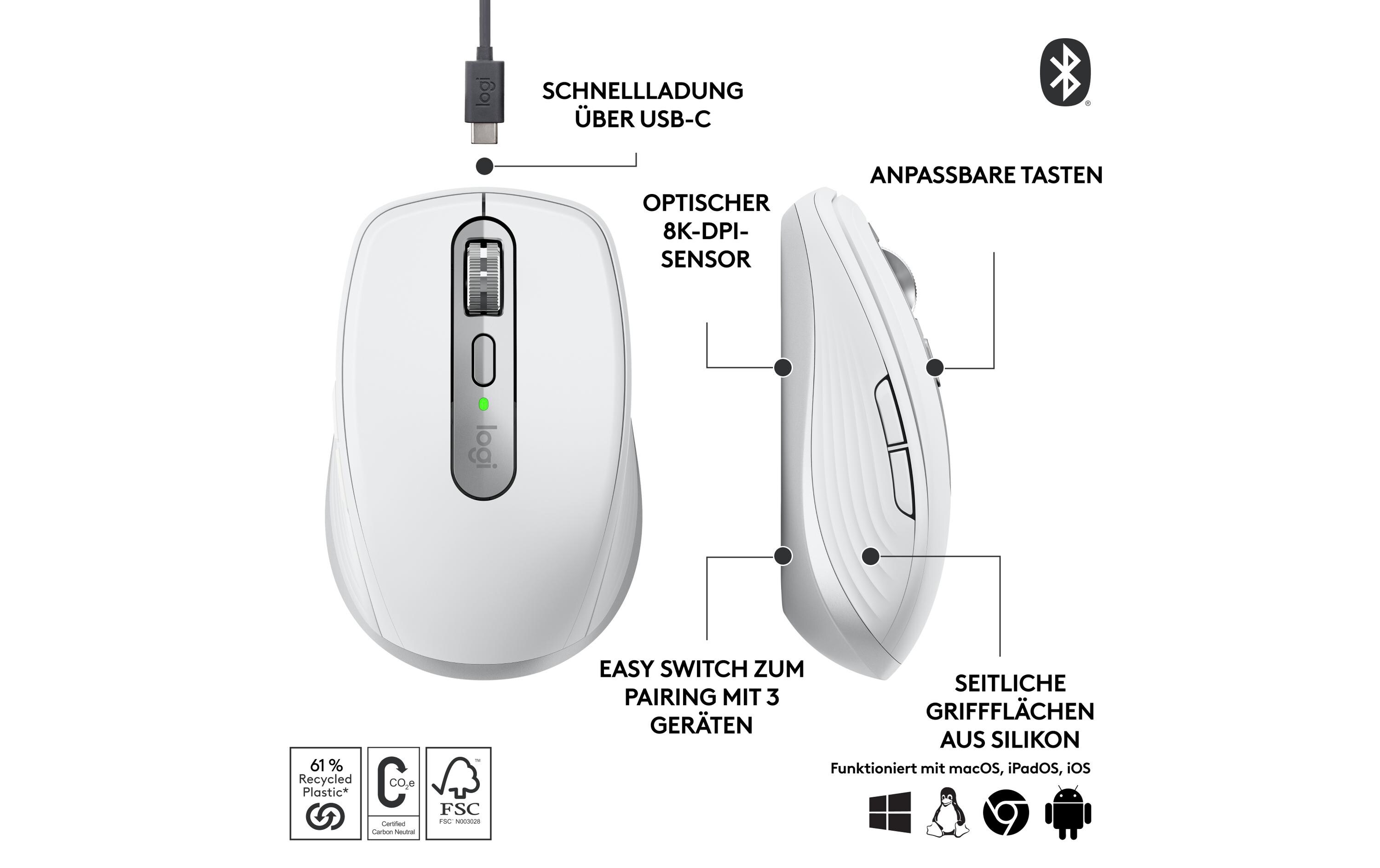 Mobile Maus MX Anywhere 3s Pale GreyKompakte kabellose Performance-Maus mit 8K DPI-Sensor