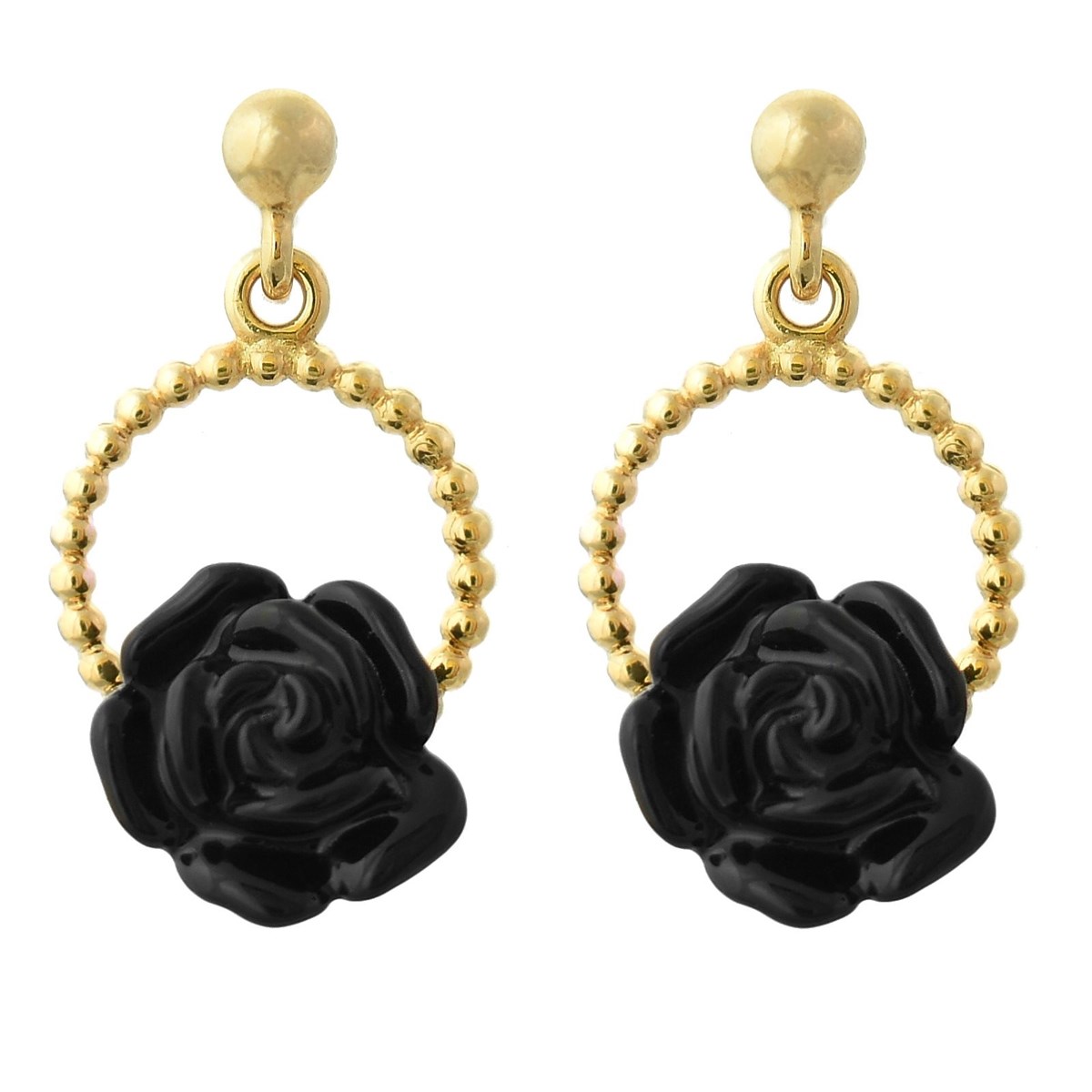 Boucles d'oreilles cercle de fleur rose en céramique noire Plaqué OR 750 3 microns