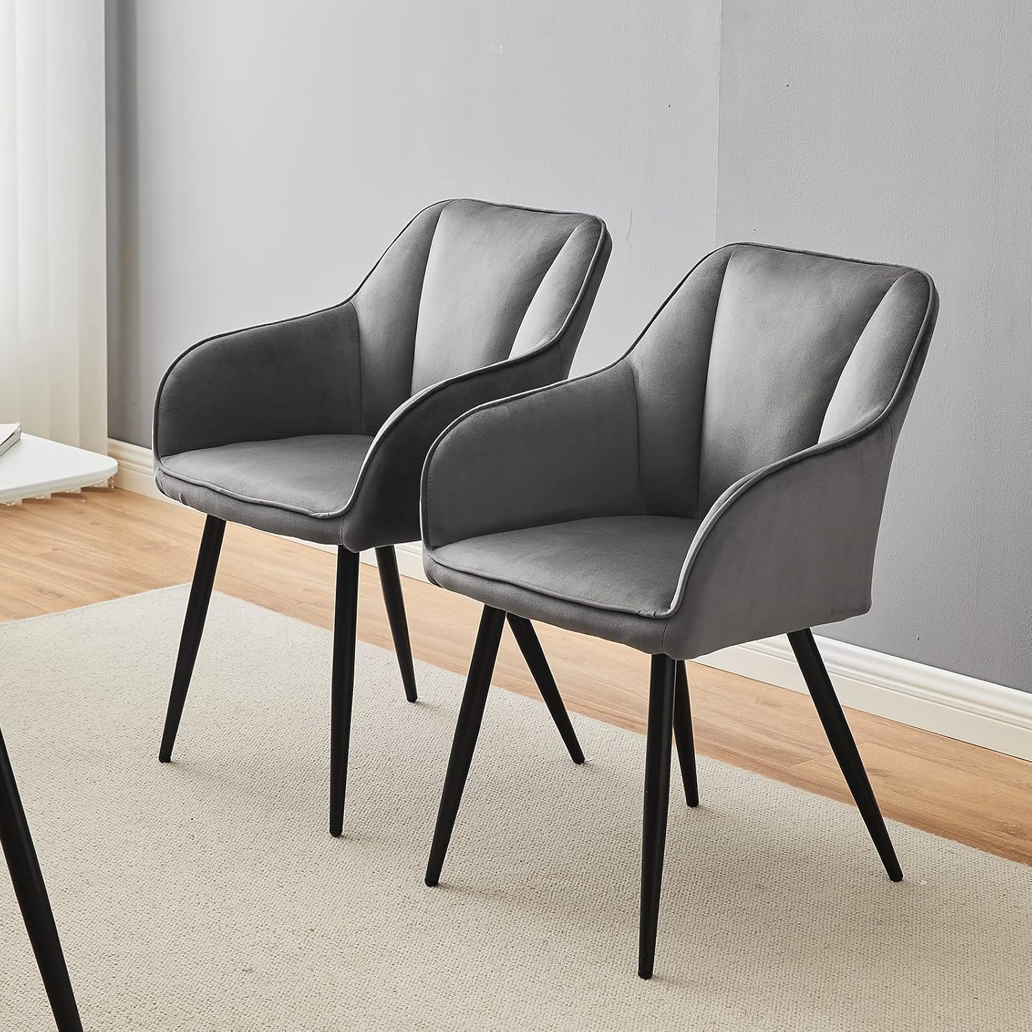 TUKAILAI Esszimmerstühle 2er Set, Samt Stühle Esszimmer mit Armlehne, Armlehnstuhl, Küchenstuhl, Polsterstuhl aus Polyester mit Metallbeine und Rückenlehne für Esszimmer Wohnzimmer Küche,Grau
