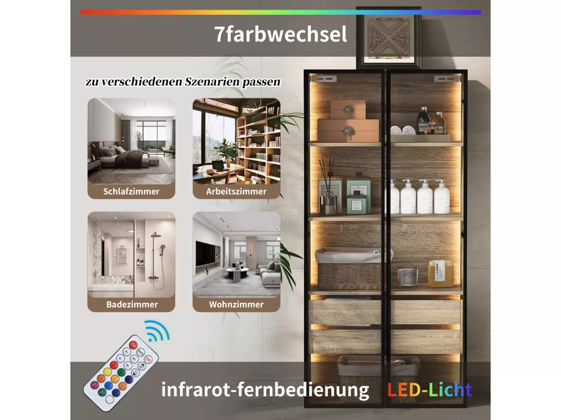 Ensemble de 2 Meubles de salle de bain avec LEDs - 148 x 36 x 155 cm - 4 grands tiroirs et 4 portes vitrées - bois MDF - naturel