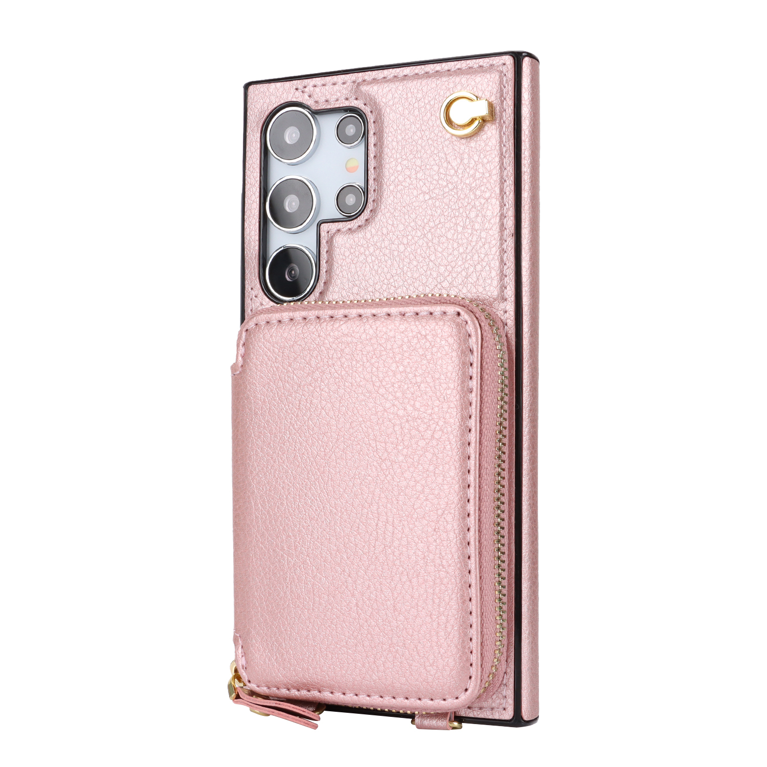 Samsung Galaxy S24 Ultra Necklace Leder Schutz Hülle mit Kartenfächer   Handykette (140cm) - Roségold