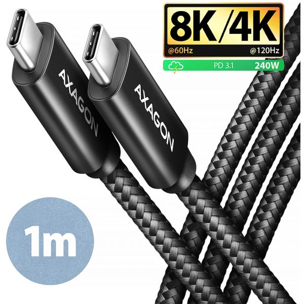 AXAGON Cabo de carregamento USB-C USB-C, USB4 Gen 3×2, 1m, PD 240W, 8K HD, ALU, braid, Black