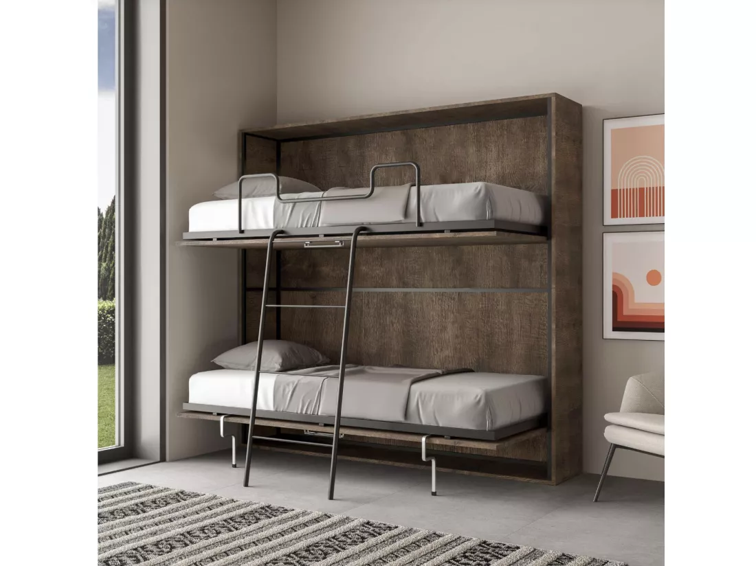 Lit escamotable superposé noyer horizontal 2 couchages 85x185 Bounto-2 matelas 85x185