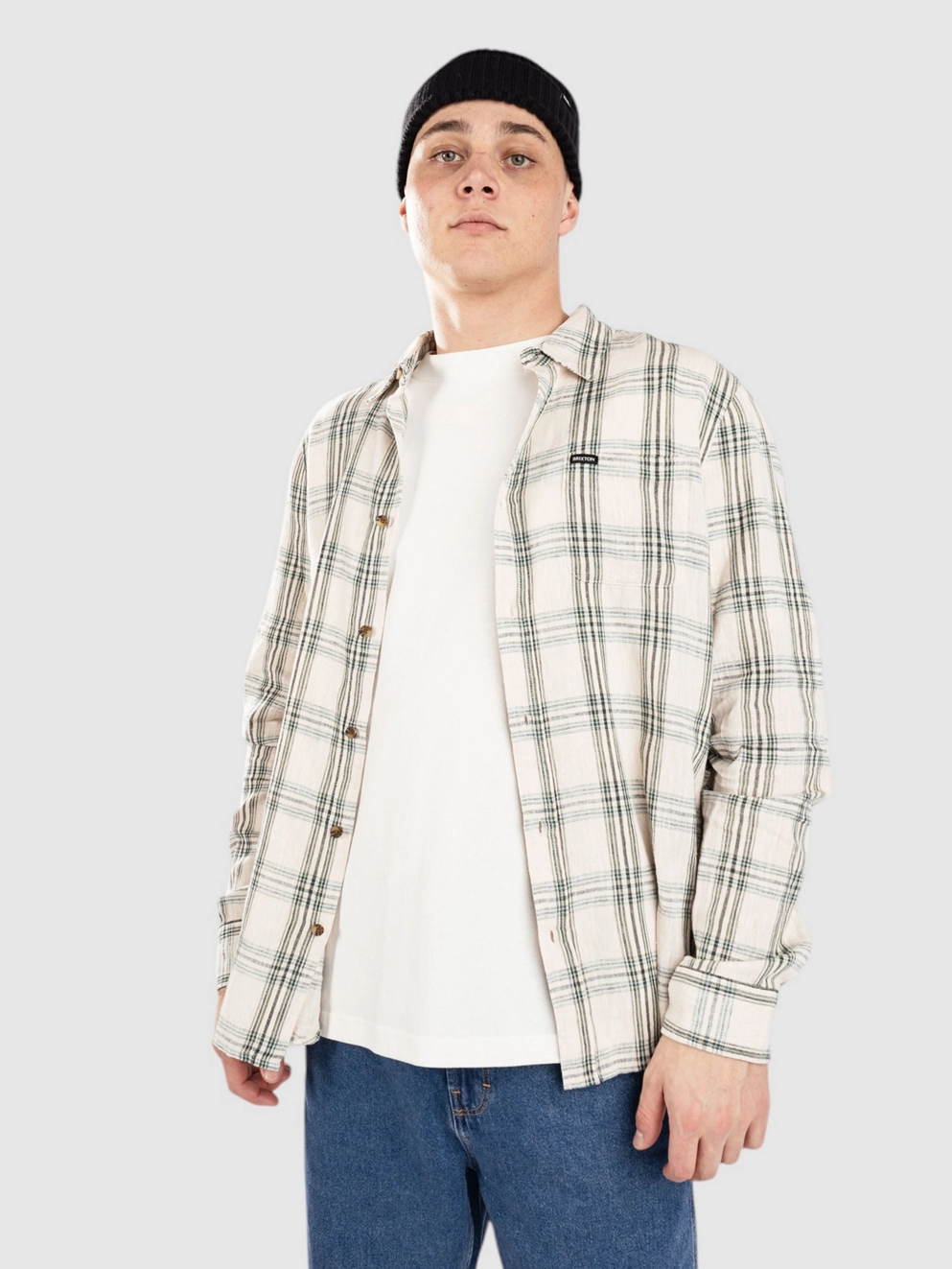 Brixton Charter Linen Shirt off white/ivy green plaid