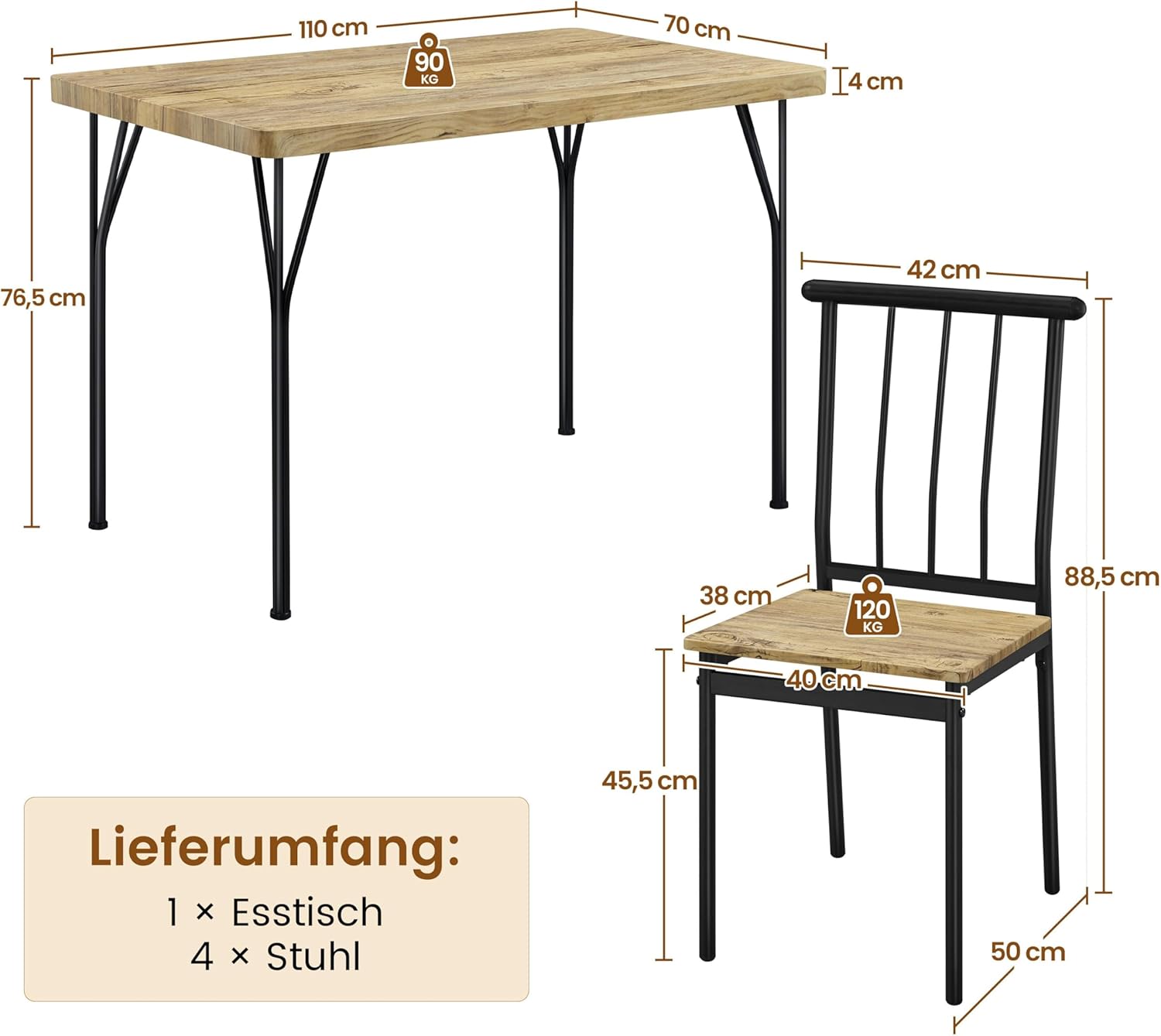 Yaheetech Essgruppen Esstisch mit 4 Stühlen, Esszimmergruppe Rechteckig Küchentisch-Set mit 4cm Dicker Tischplatte, 5er-Set Tischgruppe für 4 Personen Sitzgruppe für Küchentisch-Set fürs Esszimmer/W