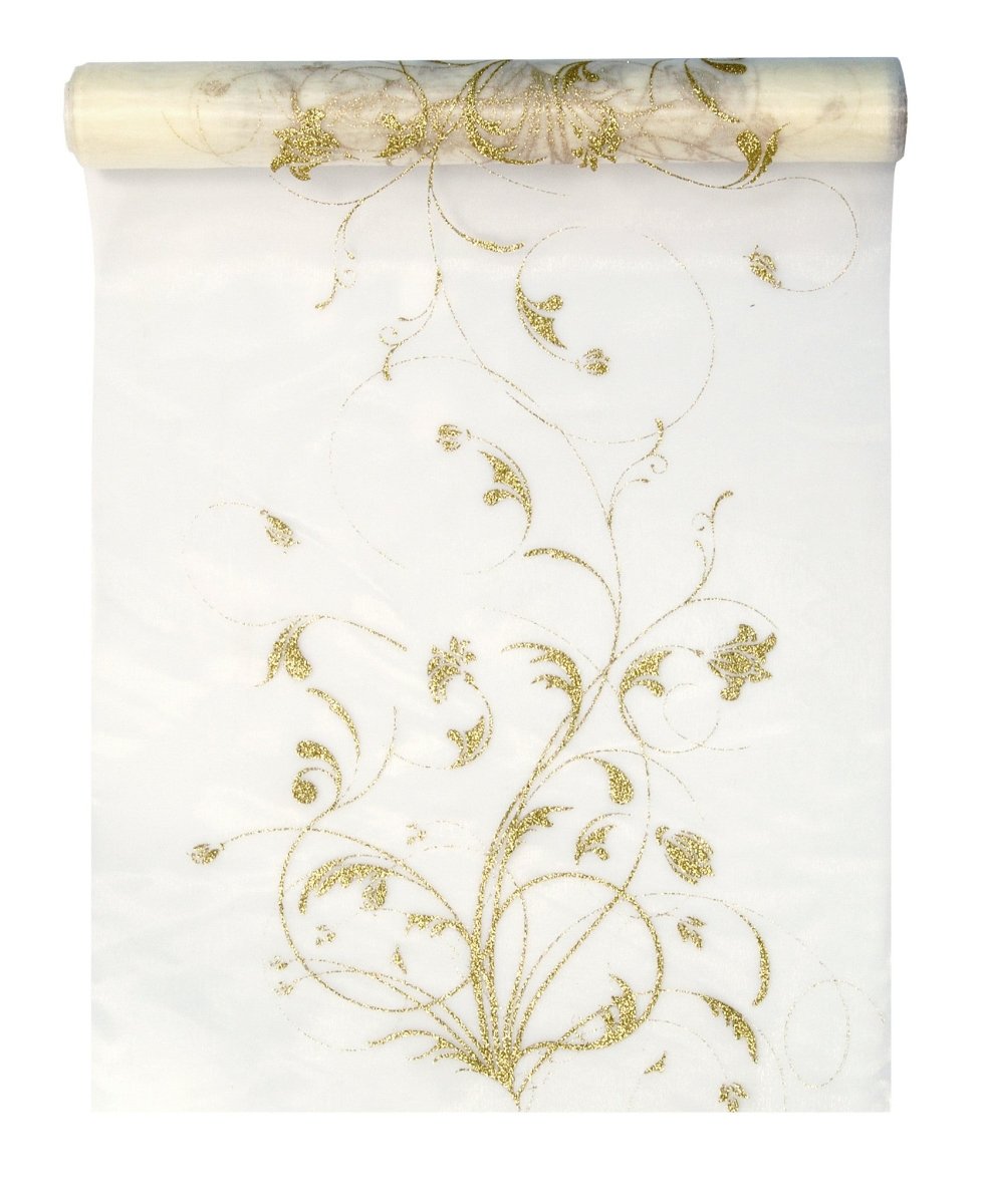 Vanille Creme Organza Stof Gouden Bloemen 36cm 9m