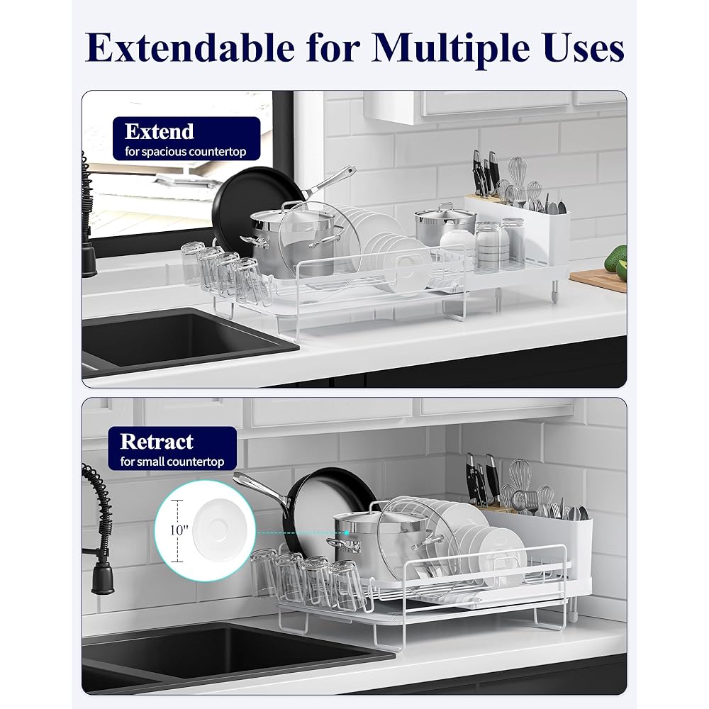 Kitsure Grand égouttoir à vaisselle – Égouttoir à vaisselle extensible multifonction pour comptoir de cuisine, égouttoir à vaisselle antirouille avec couverts et porte-gobelets, 68,6 x 32,8 cm (L x : Cuisine et Maison