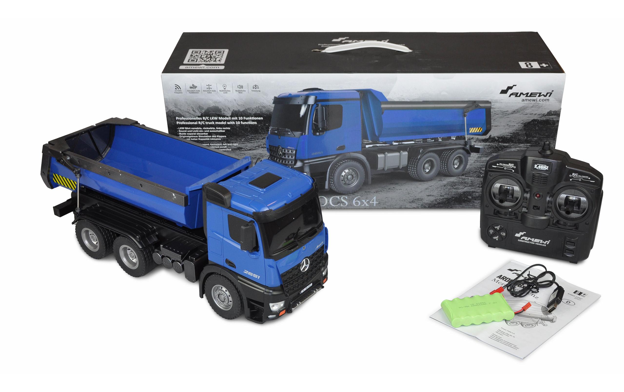 Lastwagen Mercedes-Benz Arocs 6x4, Blau 1:18, RTR<br>Detailliertes Lastwagen Modell mit Kipper und LED Beleuchtung