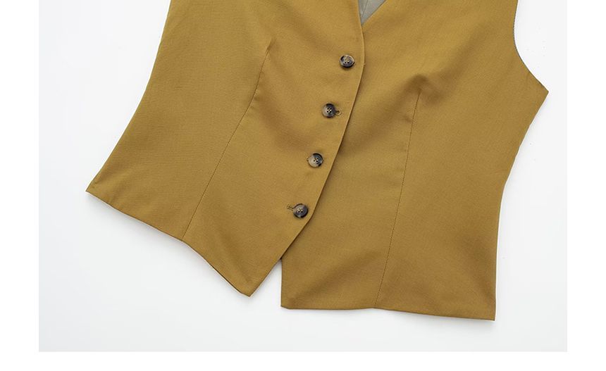 SugaYuja - V-hals effen knoopjesvest / hoge taille midi A-lijn rok / set