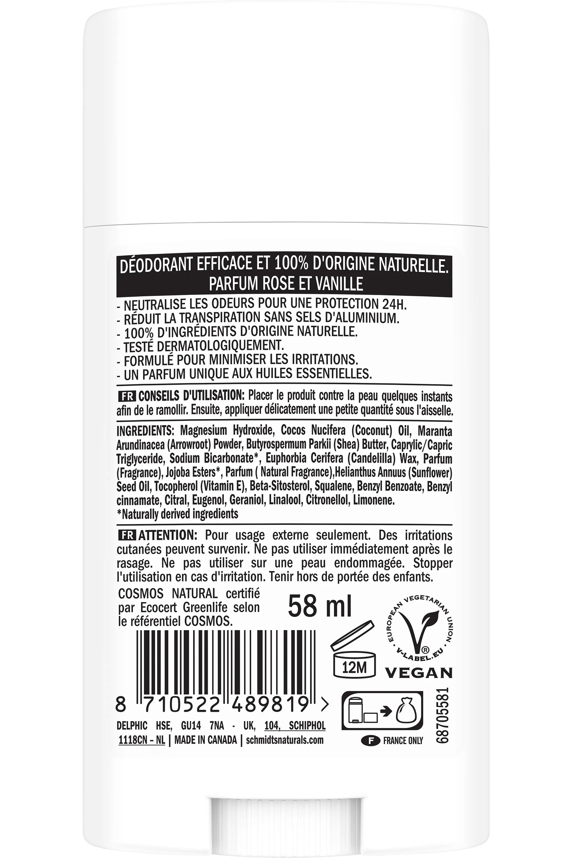 Schmidt’s Déodorant stick rose et vanille-75 g