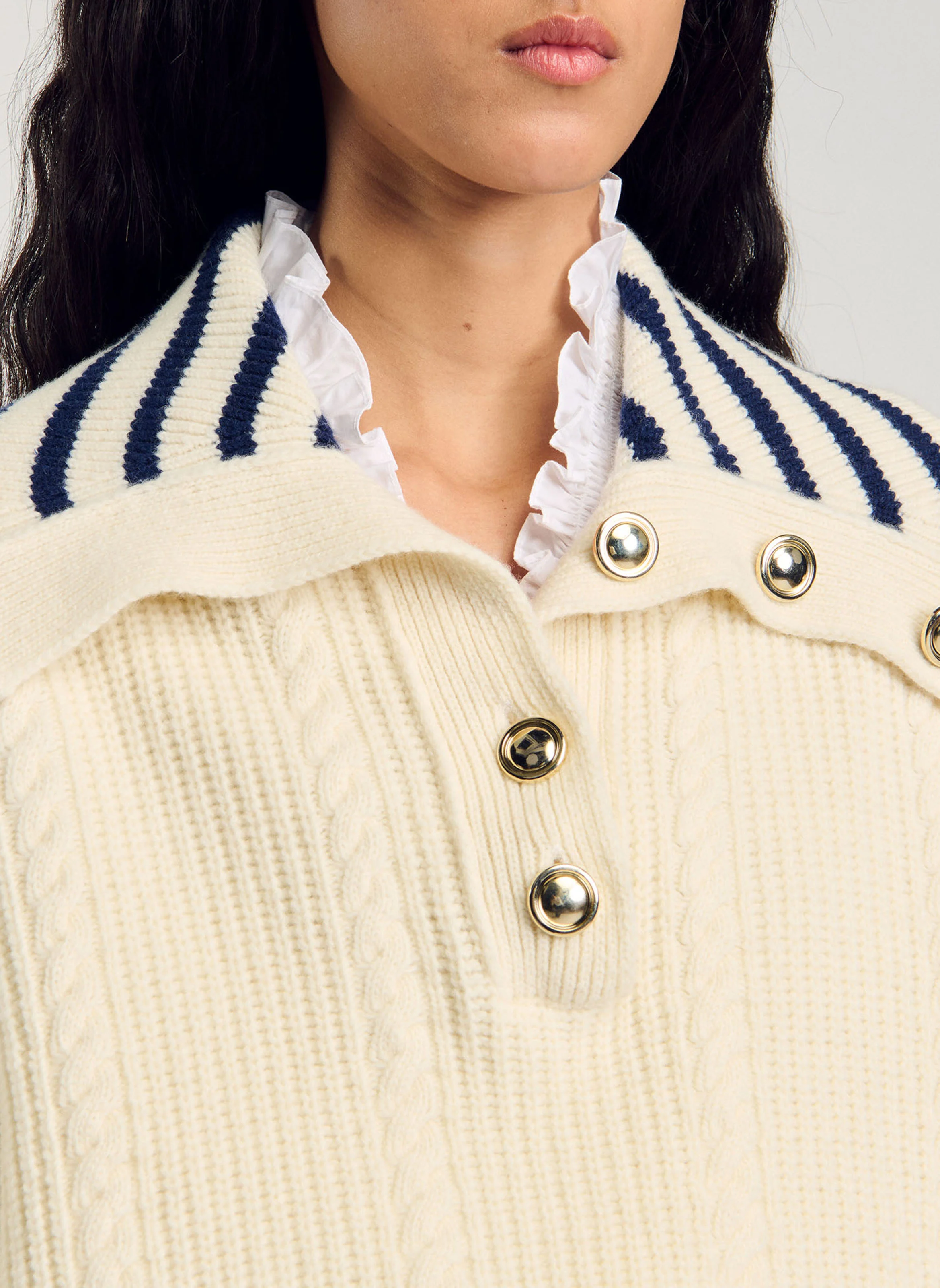 Pull à col vareuse rayé en laine mélangée | Blanc